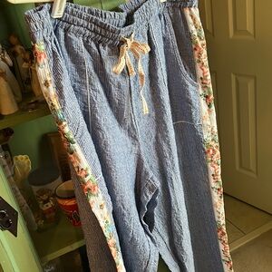 Aratta Silent Journey Relaxed Pants Fine Stripe With Beaded Floral Side Panel